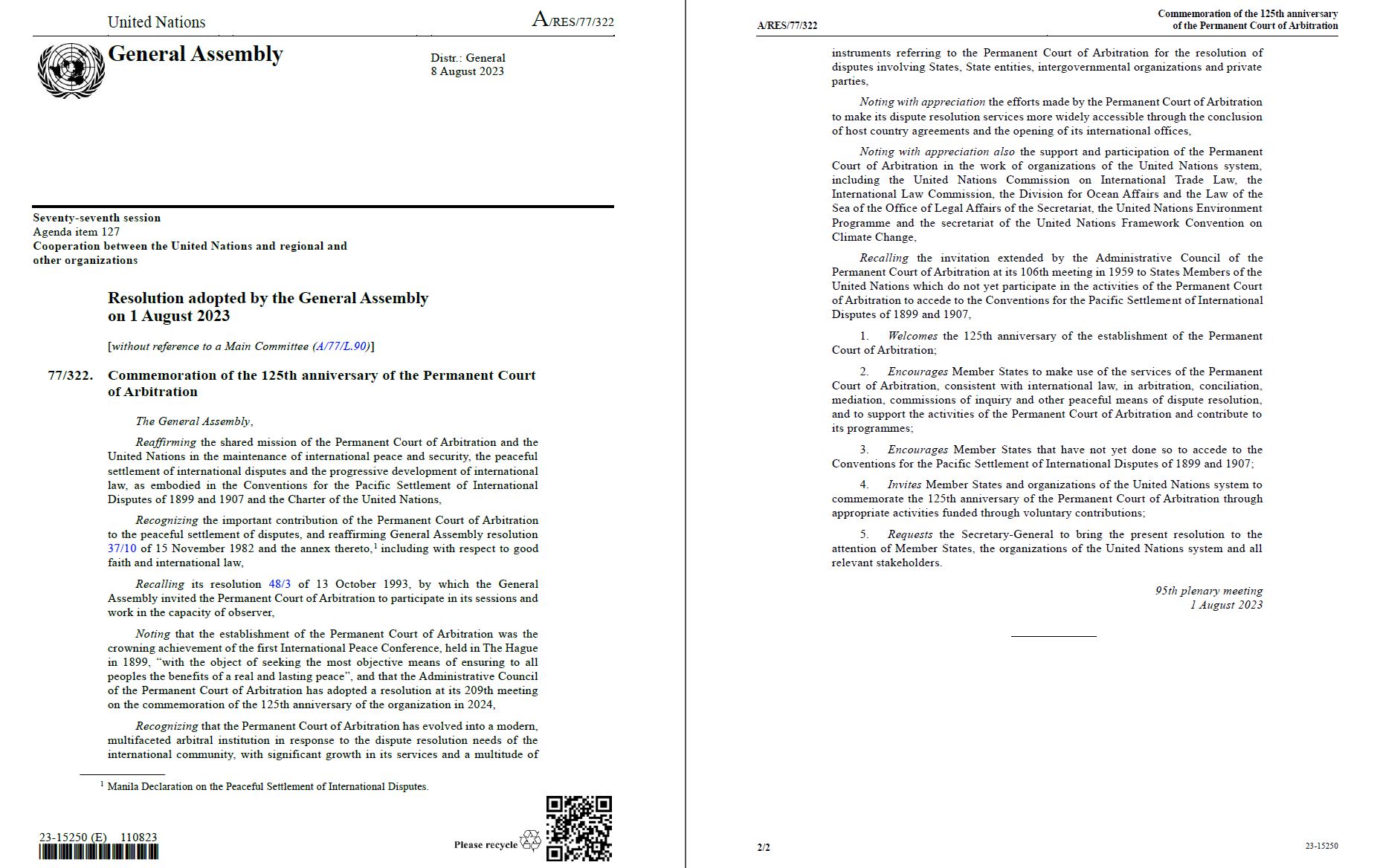 Adoption of the United Nations General Assembly Resolution on the 125th